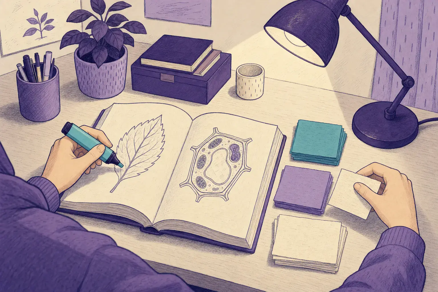 mesa de estudo de Biologia para o ENEM: apostila aberta, flashcards de papel e marca-texto