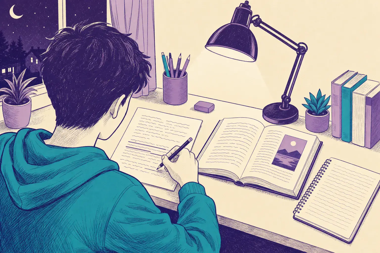 Livro aberto e prova impressa com versos de um poema sublinhados a lápis, ao lado de um caderno