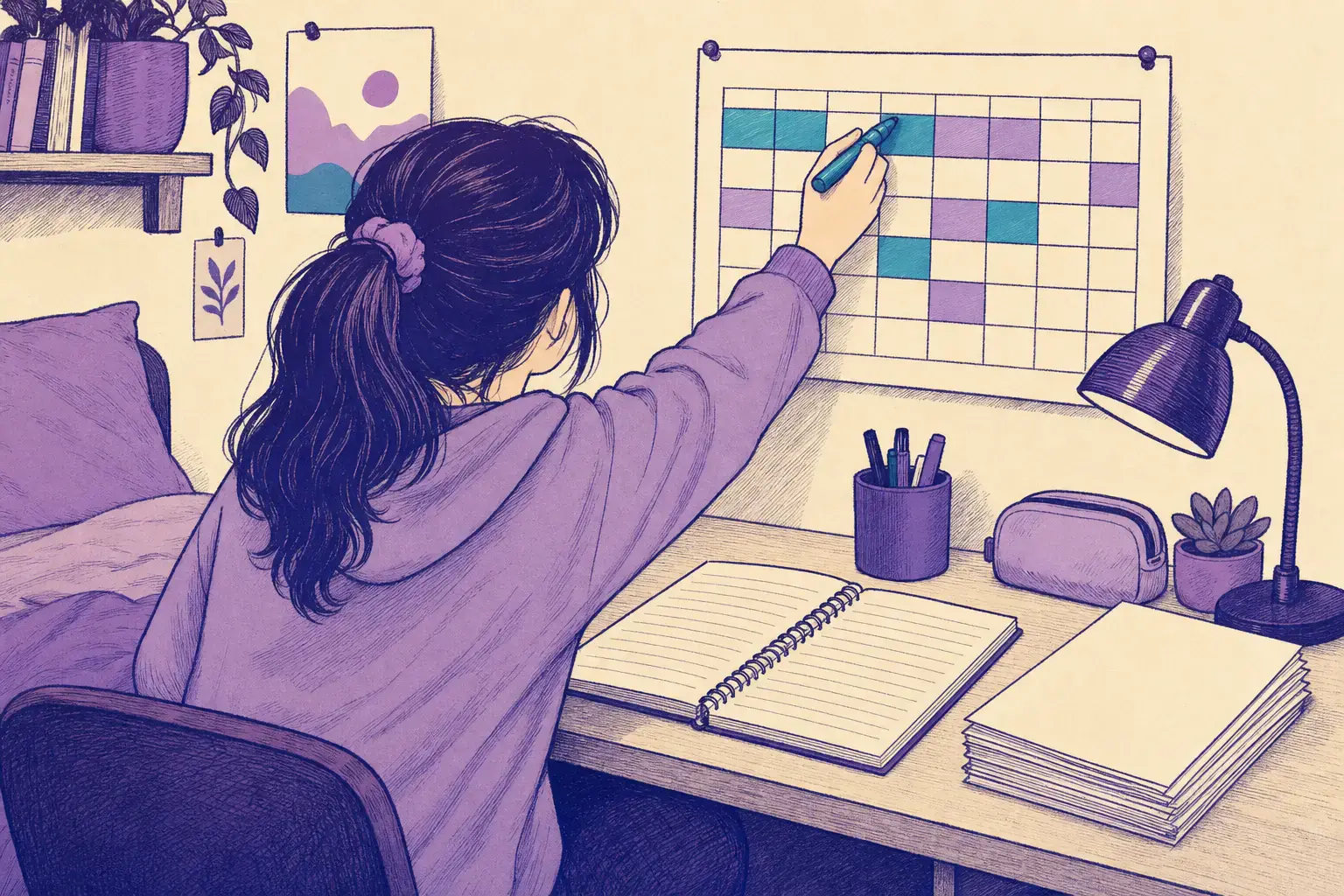 Estudante de costas pintando mais um bloco de um quadro semanal de estudos preso na parede, com um caderno aberto e uma pilha de folhas já feitas sobre a mesa