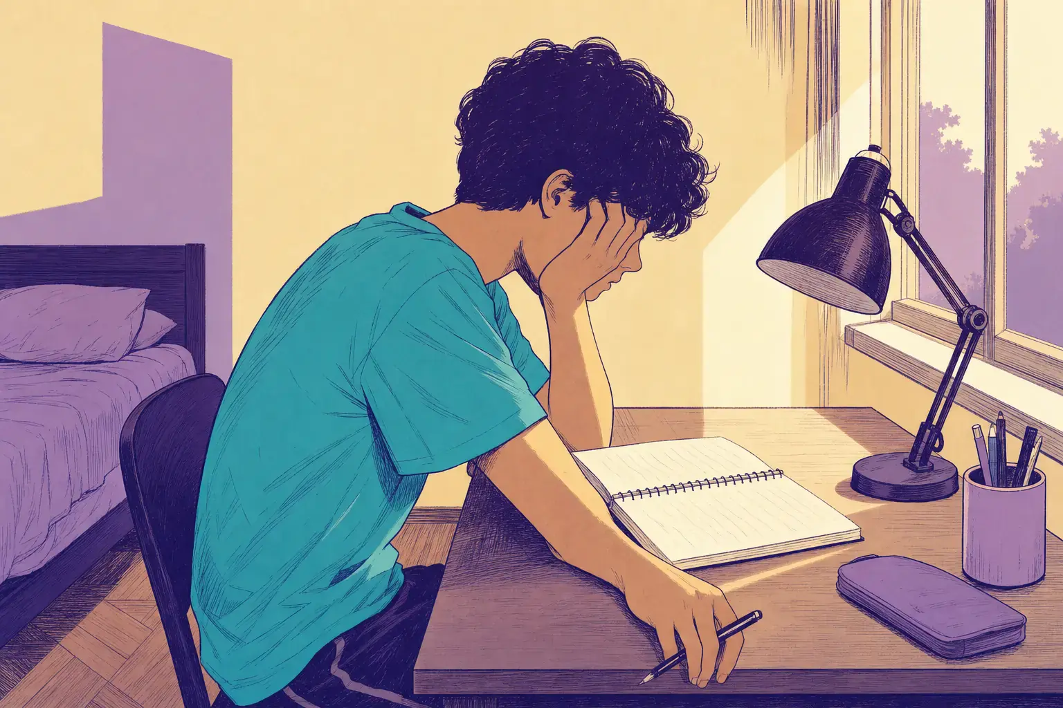 estudante com sono apoiando a cabeça na mão diante do caderno aberto na mesa de estudo
