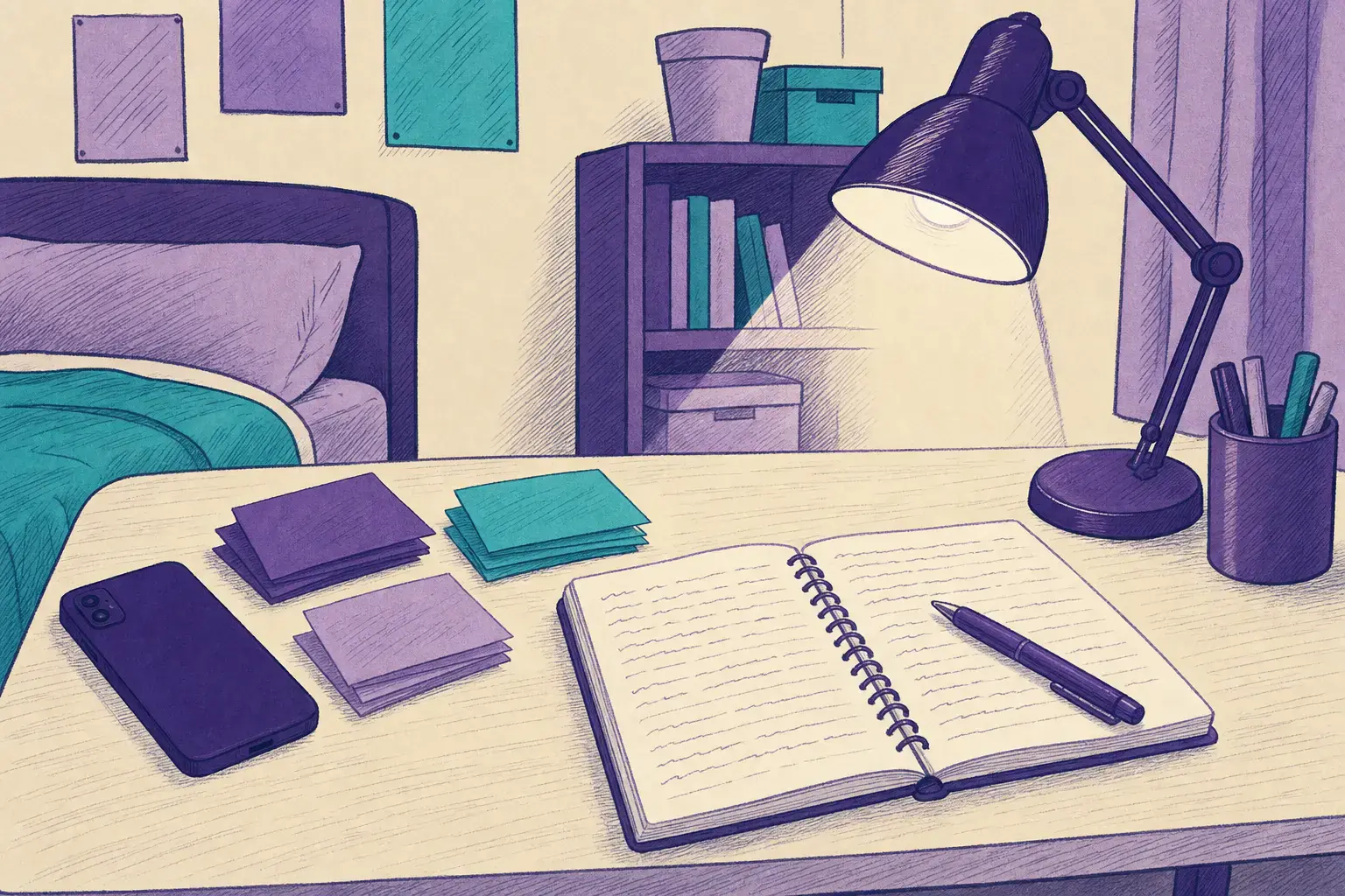 Celular virado para baixo na mesa de estudo, ao lado de flashcards de papel e do caderno de erros aberto