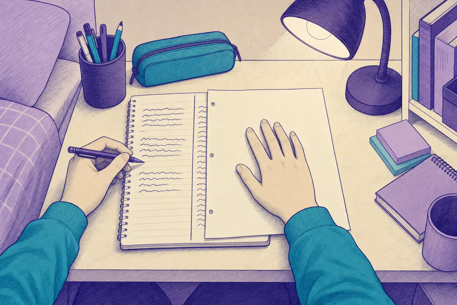 folha de resumo em colunas sobre a mesa de estudo, com as anotações tampadas por um papel