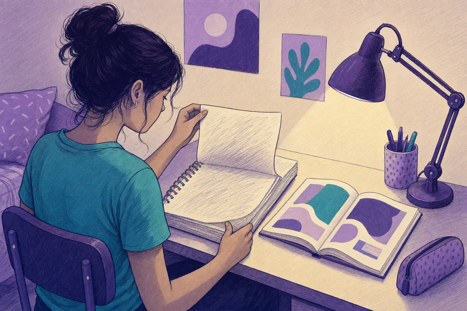 Vestibulanda à mesa de estudo do quarto, voltando às primeiras páginas do caderno para revisar o que estudou no começo do ano