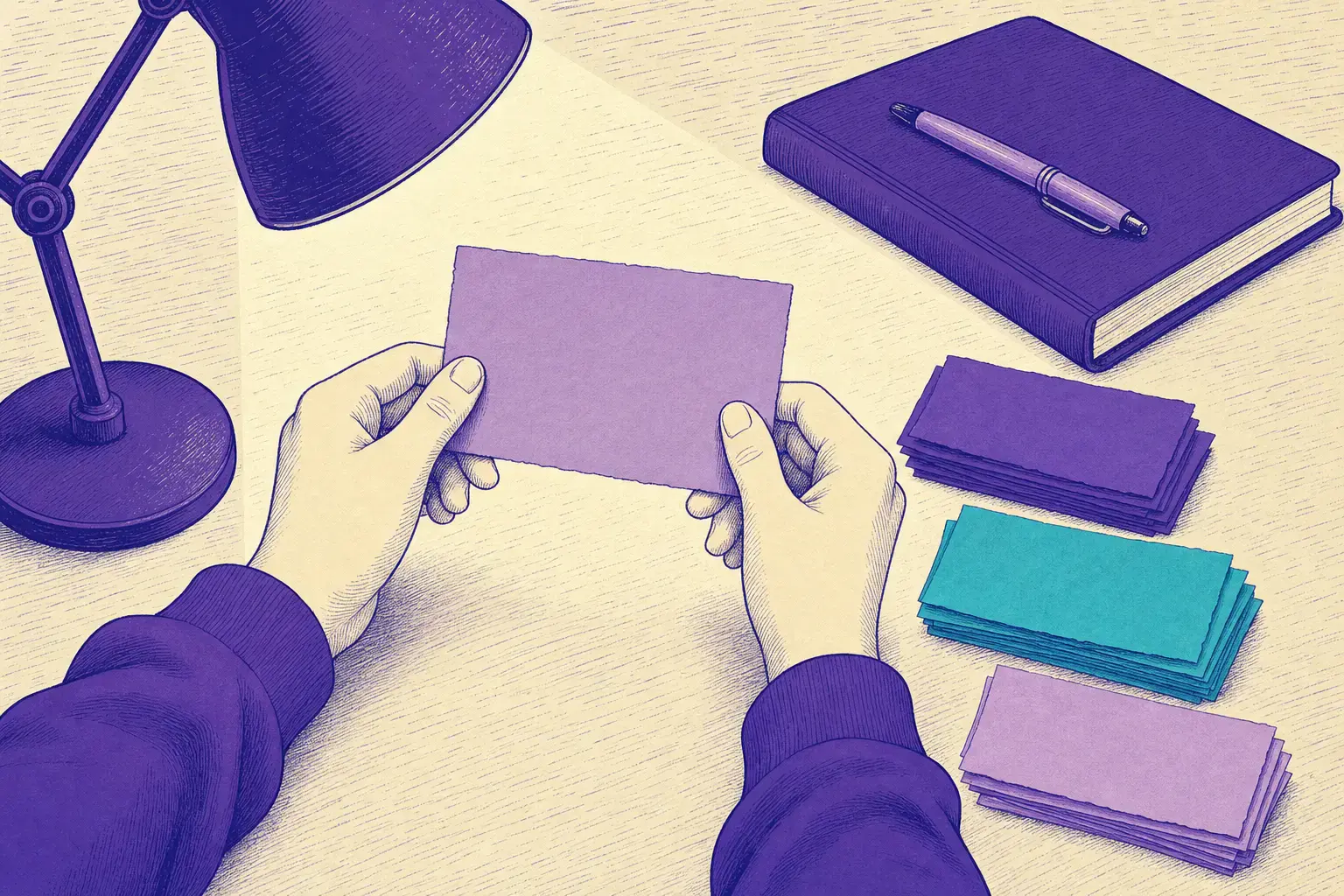 Mãos segurando um flashcard em branco ao lado de três montes de flashcards coloridos e de uma apostila fechada na mesa de estudo