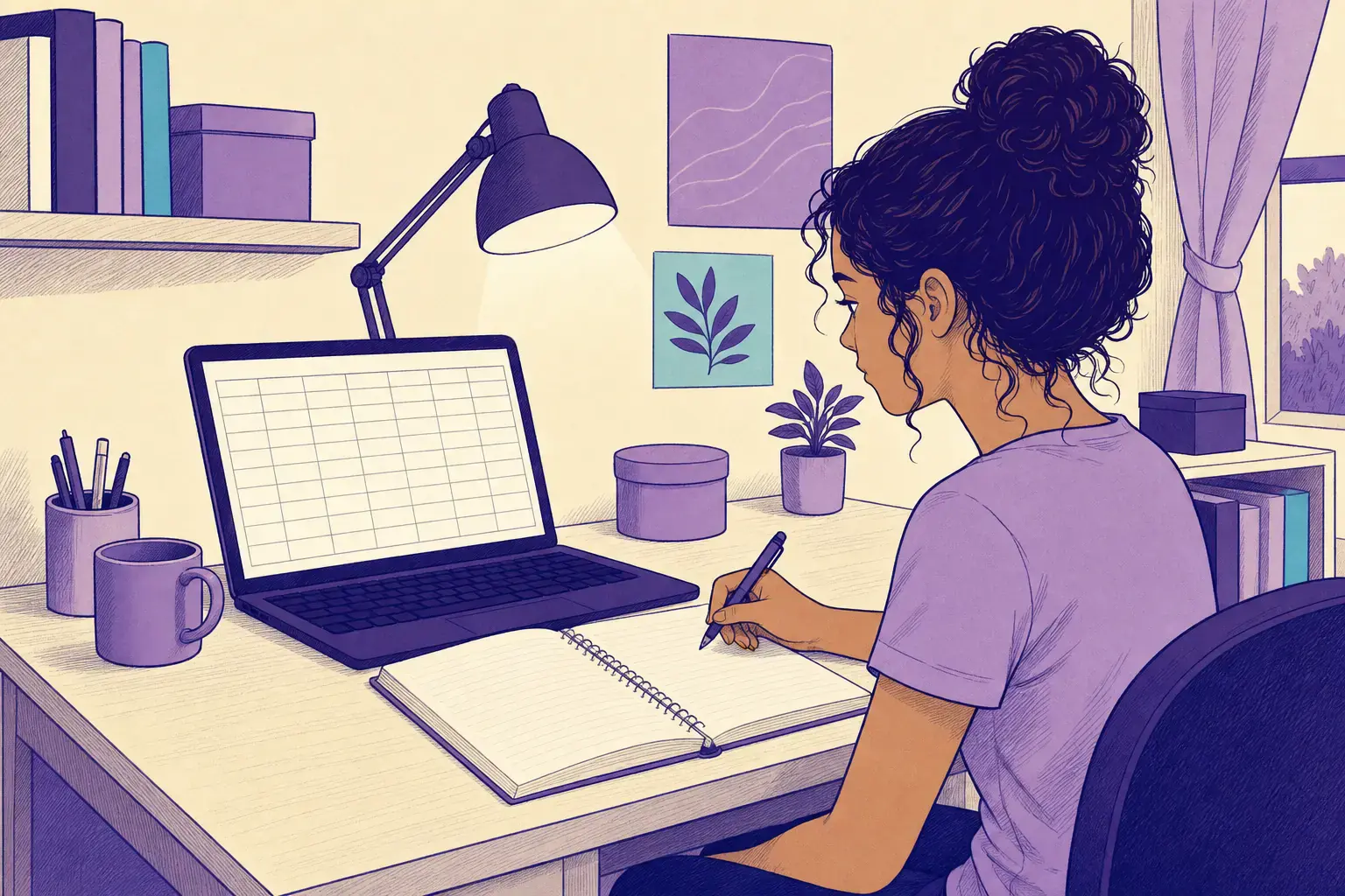 Vestibulanda confere a planilha de notas de corte no notebook, com o caderno aberto ao lado