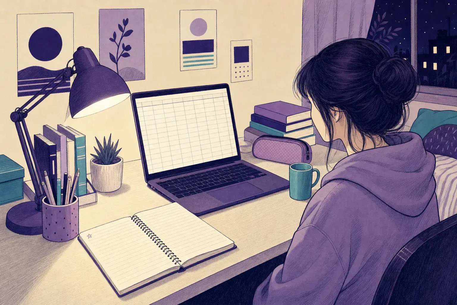 vestibulanda de perfil confere a nota de corte no notebook, na mesa de estudo de casa