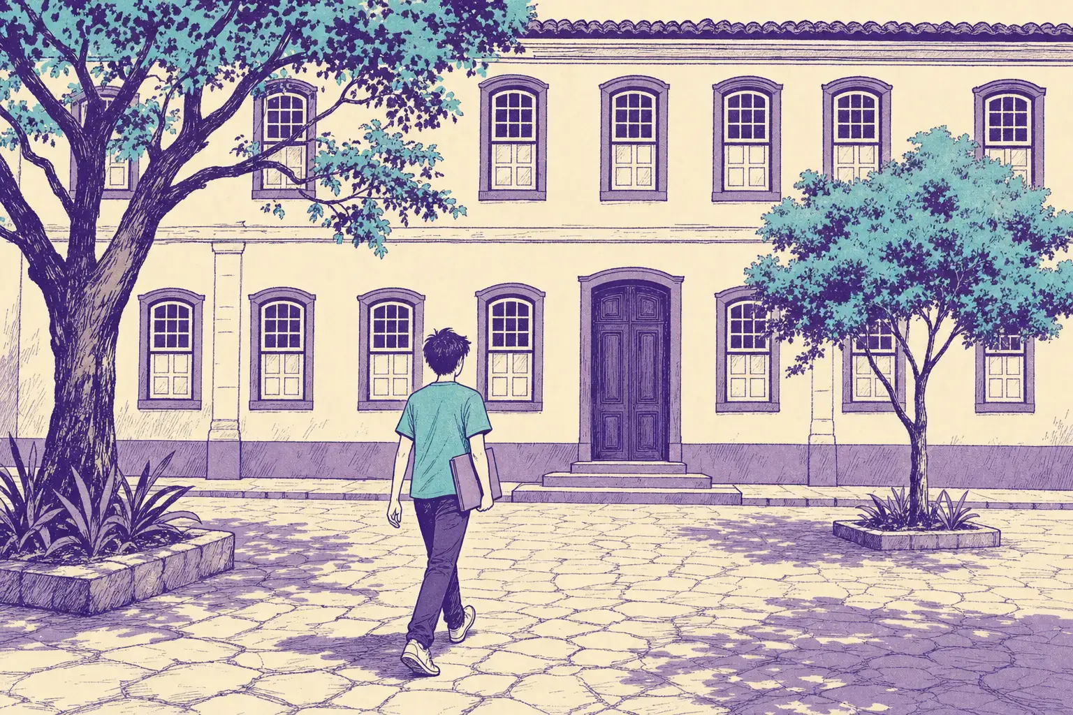 vestibulando de costas no pátio de uma faculdade de medicina pública do interior de Minas, como a UFVJM