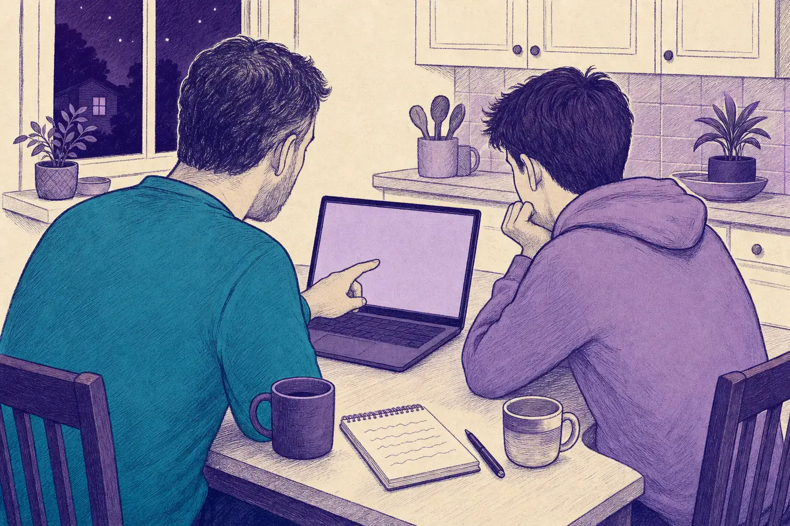 Pai e filho à mesa da cozinha pesquisando a mensalidade de Medicina no notebook
